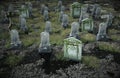 Scary old cemetery. church on grave. Halloween concept. 3d rendering Royalty Free Stock Photo