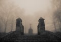 Scary old entrance to forest graveyard in dense fog Royalty Free Stock Photo