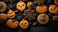 Scary orange gingerbread cookies in the shape of evil pumpkins, cobwebs close up isolated on black background