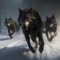 Scary pack of evil predatory wolves with big fangs run after prey, nightmare