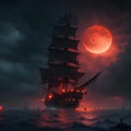 A Scary Pirate Ship Ominously Sailing Through The Dark Skies Generative AI