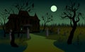 Scary place with an old mansion and a cemetery overgrown with trees under the moon Royalty Free Stock Photo