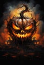 The Scary Pumpkin Face on the Tree Royalty Free Stock Photo