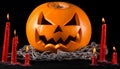Scary Pumpkin, Jack Lantern, Pumpkin Halloween, Red Candles On A Black Background, Halloween Theme, Pumpkin Killer