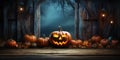 Scary pumpkin lantern in barn on Halloween night on wood background