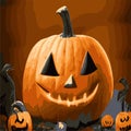 Scary pumpkin lantern with creepy toothy smile and fiery glow inside realistic vector illustration Royalty Free Stock Photo