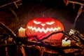 Scary pumpkin lantern with an evil Halloween grin. with lit candles in a scary deep night forest. Halloween holiday design concept