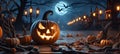 Scary pumpkins candles at night with a horrible background, Ai generated halloween image. Royalty Free Stock Photo