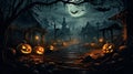 Scary pumpkins, creepy houses and bats in dark town on Halloween night