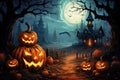 Scary pumpkins in dark forest and haunted house at Halloween night Royalty Free Stock Photo