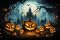 Scary pumpkins in forest against haunted town at Halloween night Royalty Free Stock Photo