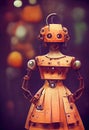 Scary robot woman android. Old metal, mechanisms, gears