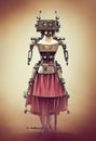 Scary robot woman android. Old metal, mechanisms, gears