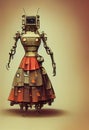 Scary robot woman android. Old metal, mechanisms, gears