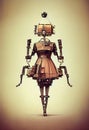 Scary robot woman android. Old metal, mechanisms, gears