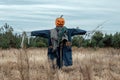 A scary scarecrow with a halloween pumpkin head in a field in cloudy weather. Halloween background, copy space