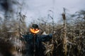 Scary pumpkin scarecrow in a hat Royalty Free Stock Photo