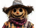 Scary Scarecrow with Straw Hat and Patchwork Outfit Smiling in White Background Royalty Free Stock Photo