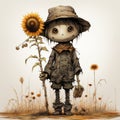 Scary Scarecrow With Sunflower: Bold Manga-inspired Artwork By Jose G. Nez