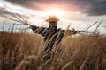 Scary scarecrow in a wheat field at sunset Royalty Free Stock Photo