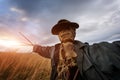 Scary scarecrow in a wheat field at sunset Royalty Free Stock Photo