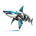 Scary shark robot, robotic fish isolated over white background. Created with generative Ai