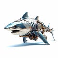 Scary shark robot, robotic fish isolated over white background. Created with generative Ai