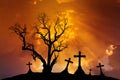 Scary silhouette dead tree and spooky crosses with Halloween concept Royalty Free Stock Photo