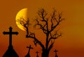 Scary silhouette dead tree and spooky silhouette crosses in mystic graveyard with half moon Royalty Free Stock Photo