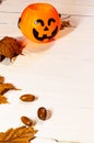 Scary, sinister Halloween Jack Lantern, close-up with a grin on a white table