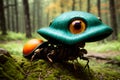 Scary small evil goblin-insect infected by parasite mushroom in the forest, AI generated