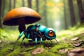 Scary small evil goblin-insect infected by parasite mushroom in the forest, AI generated