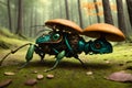 Scary small evil goblin-insect infected by parasite mushroom in the forest, AI generated