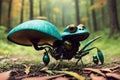 Scary small evil goblin-insect infected by parasite mushroom in the forest, AI generated