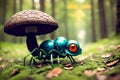 Scary small evil goblin-insect infected by parasite mushroom in the forest, AI generated