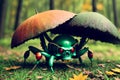 Scary small evil goblin-insect infected by parasite mushroom in the forest, AI generated