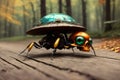 Scary small evil goblin-insect infected by parasite mushroom in the forest, AI generated