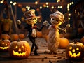 Scary smiling dancing skeletons in the costume of the bride and groom on a dark Halloween background