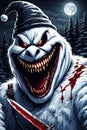 Scary Snowman with big teeth and bloody knife