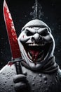 Scary Snowman with big teeth and bloody knife