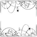 Scary spider web background with hanging spiders isolated on white. cobweb frame. Halloween party template or decoration element. Royalty Free Stock Photo