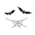 Scary spiderweb background. Black cobweb, bat, isolated on white. Halloween horror decoration. Spooky fear spider web