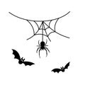 Scary spiderweb. Black cobweb, bat, hanging spider, isolated white background. Halloween horror decoration. Spooky fear Royalty Free Stock Photo