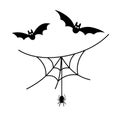 Scary spiderweb. Black cobweb, bat, hanging spider, isolated white background. Halloween horror decoration. Spooky fear Royalty Free Stock Photo