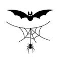 Scary spiderweb. Black cobweb, bat, hanging spider, isolated white background. Halloween horror decoration. Spooky fear Royalty Free Stock Photo