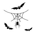 Scary spiderweb. Black cobweb, bat, hanging spider, isolated white background. Halloween horror decoration. Spooky fear Royalty Free Stock Photo