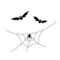 Scary spiderweb. Black cobweb, bat, spider, isolated white background. Halloween horror decoration. Spooky fear spider Royalty Free Stock Photo