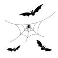 Scary spiderweb. Black cobweb, bat, spider, isolated white background. Halloween horror decoration. Spooky fear spider Royalty Free Stock Photo