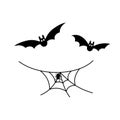 Scary spiderweb. Black cobweb, bat, spider, isolated white background. Halloween horror decoration. Spooky fear spider Royalty Free Stock Photo
