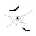 Scary spiderweb. Black cobweb, bat, spider, isolated white background. Halloween horror decoration. Spooky fear spider Royalty Free Stock Photo